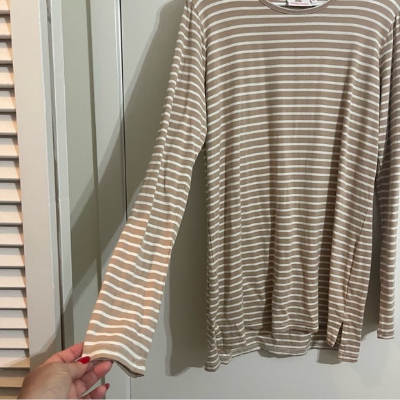 Marley Lilly Women’s Size Medium Tan and White Striped Long Sleeve Long Shirt - Picture 3 of 9